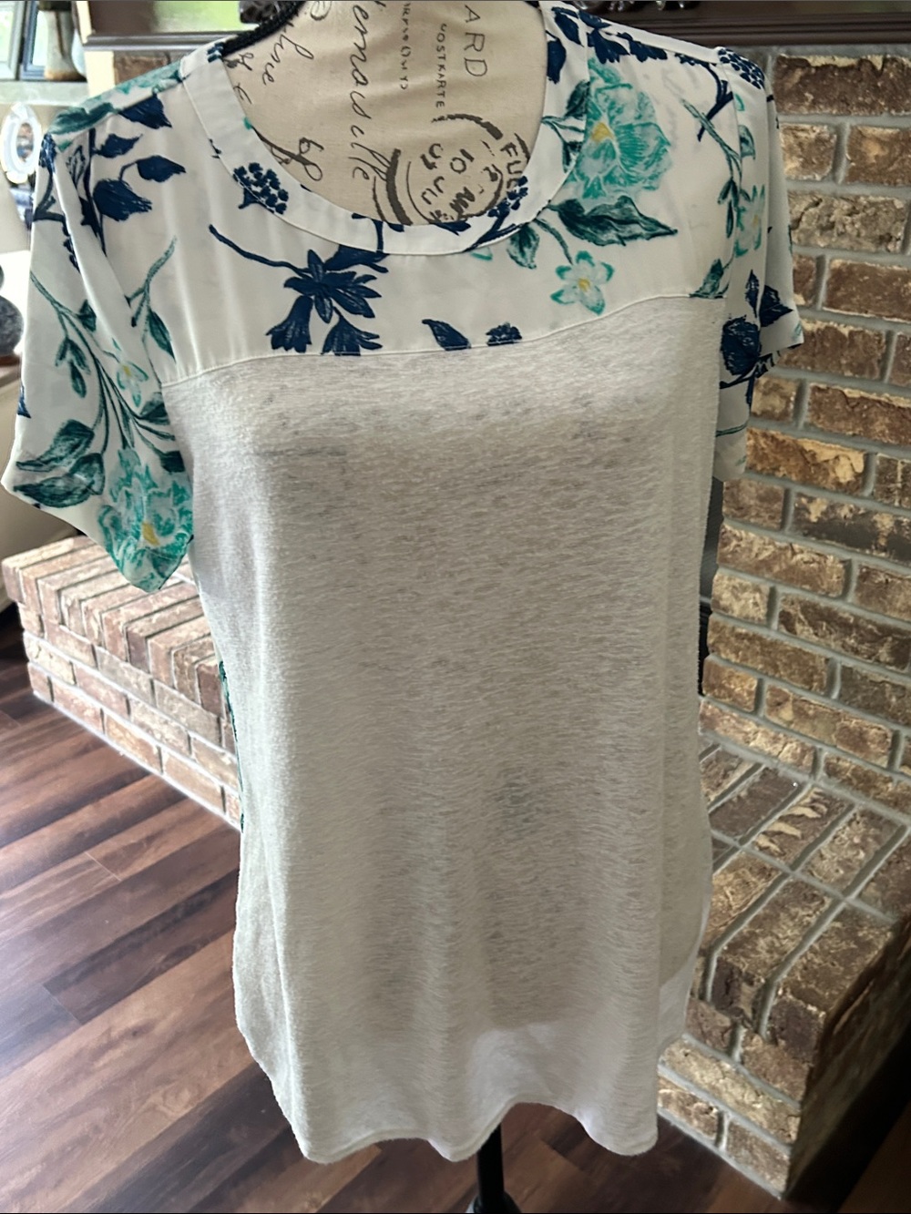 Floral Panel Short Sleeve Top White Teal & Blue Medium - Picture 5 of 7